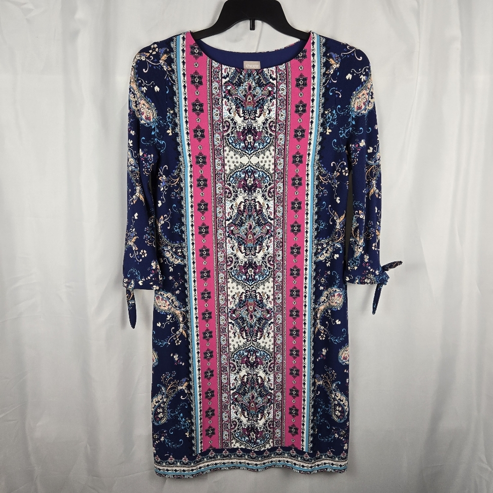 Chico's Medallion Paisley Floral 3/4 Tie Sleeve Shift Midi Dress Womens Size 8